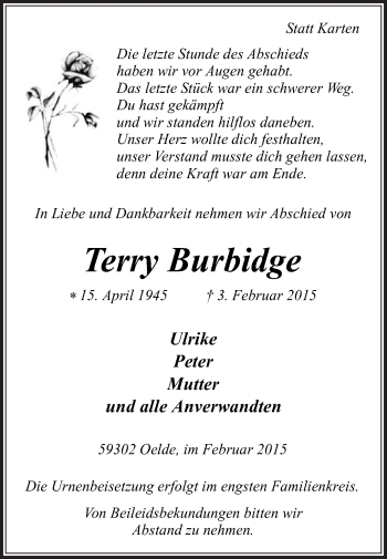 Traueranzeige von Terry Burbidge von Die Glocke