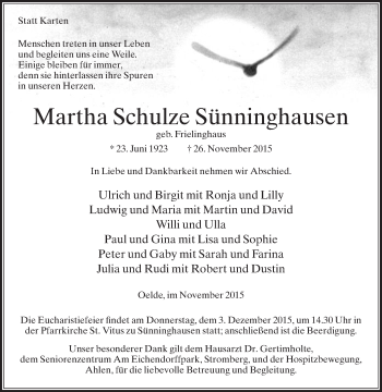 Traueranzeige von Martha Schulze Sünninghausen von Die Glocke