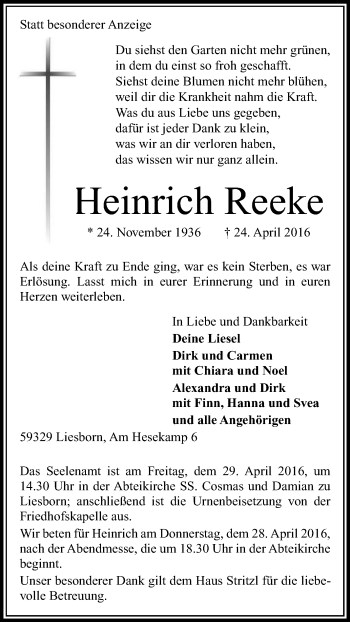 Traueranzeige von Heinrich Reeke von Die Glocke
