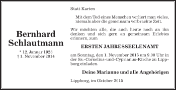 Traueranzeige von Bernhard Schlautmann von Die Glocke