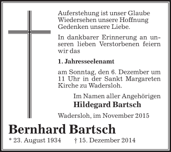 Traueranzeige von Bernhard Bartsch von Die Glocke