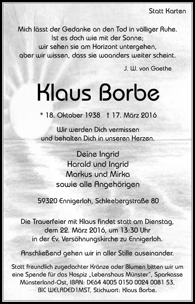  Traueranzeige für Klaus Borbe vom 21.03.2016 aus Die Glocke
