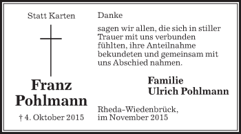 Traueranzeige von Franz Pohlmann von Die Glocke