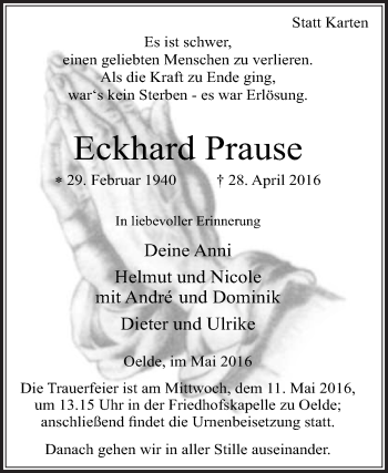 Traueranzeige von Eckhaurd Prause von Die Glocke