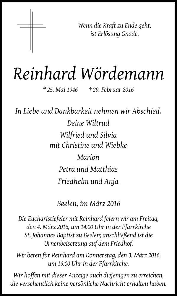  Traueranzeige für Reinhard Wördemann vom 02.03.2016 aus Die Glocke