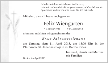 Traueranzeige von Felix Wiengarten von Die Glocke