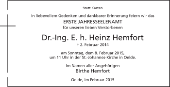 Traueranzeige von Heinz Hemfort von Die Glocke