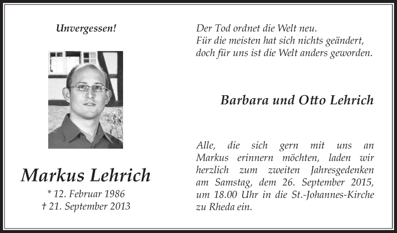  Traueranzeige für Markus Lehrich vom 19.09.2015 aus Die Glocke