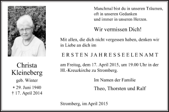 Traueranzeige von Christa Kleineberg von Die Glocke