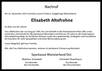 Traueranzeige von Elisabeth Altefrohne von Die Glocke