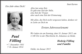 Traueranzeige von Paul Fölling von Die Glocke