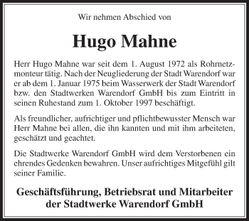 Traueranzeige von Hugo Mahne von Die Glocke