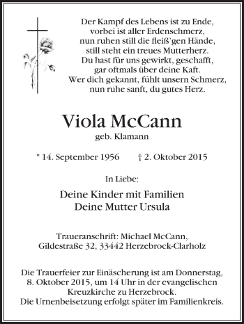 Traueranzeige von Viola McCann von Die Glocke