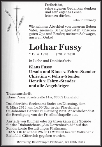 Traueranzeige von Lothar Fussy von Die Glocke