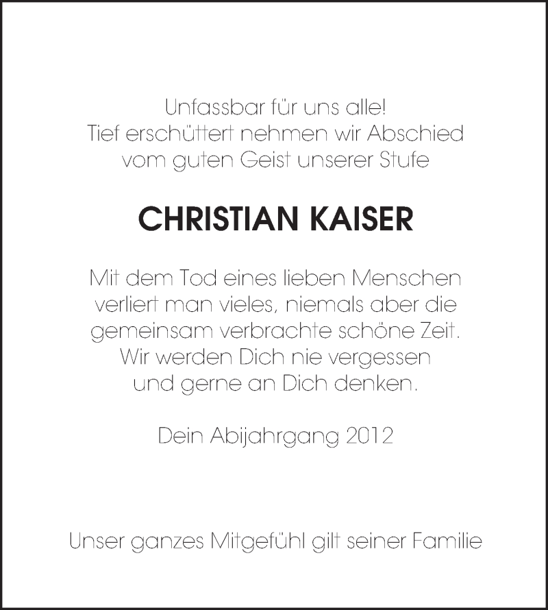  Traueranzeige für Christian Kaiser vom 14.11.2015 aus Die Glocke