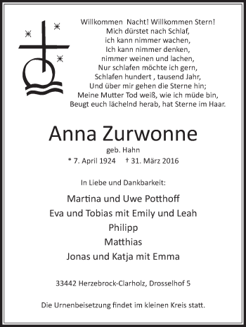 Traueranzeige von Anna Zurwonne von Die Glocke
