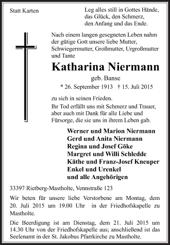 Traueranzeige von Katharina Niermann von Die Glocke