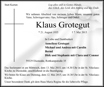 Traueranzeige von Klaus Grotegut von Die Glocke