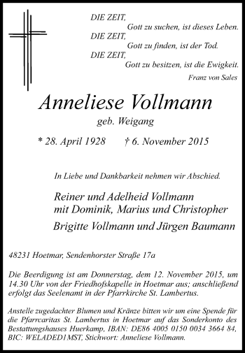 Traueranzeige von Anneliese Vollmann von Die Glocke