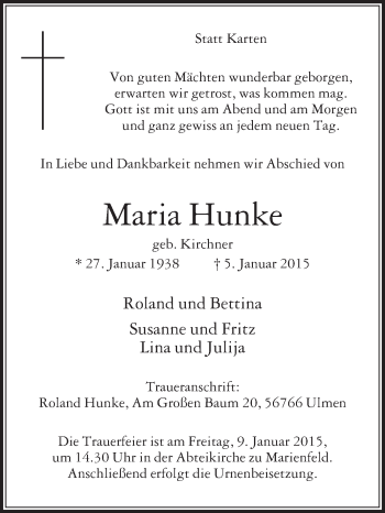 Traueranzeige von Maria Hunke von Die Glocke