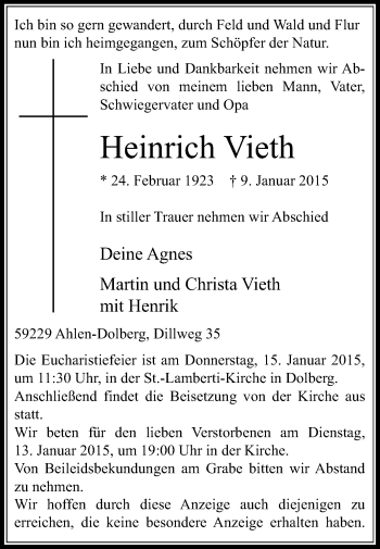 Traueranzeige von Heinrich Vieth von Die Glocke