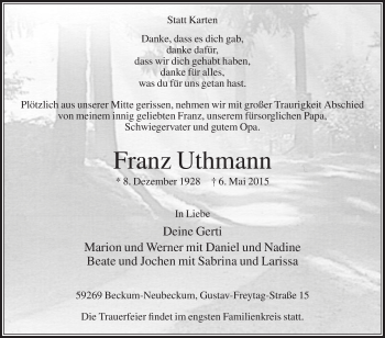 Traueranzeige von Franz Uthmann von Die Glocke