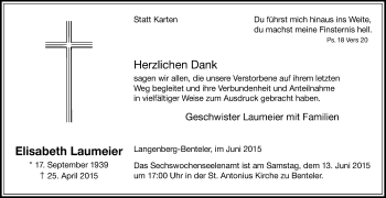 Traueranzeige von Elisabeth Laumeier von Die Glocke