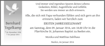 Traueranzeige von Bernhard Tegelkamp von Die Glocke