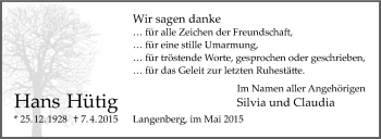 Traueranzeige von Hans Hütig von Die Glocke