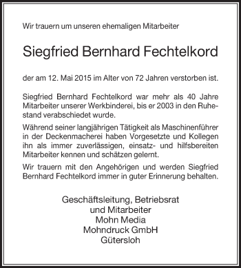 Traueranzeige von Siegfried Bernhard Fechtelkord von Die Glocke