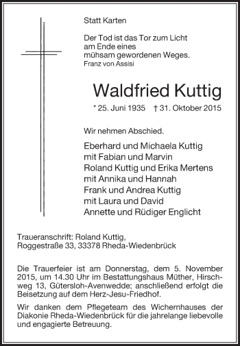 Traueranzeige von Waldfried Kuttig von Die Glocke