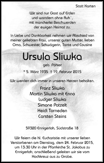 Traueranzeige von Ursula Sliwka von Die Glocke