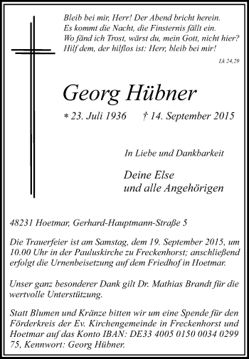 Traueranzeige von Georg Hübner von Die Glocke