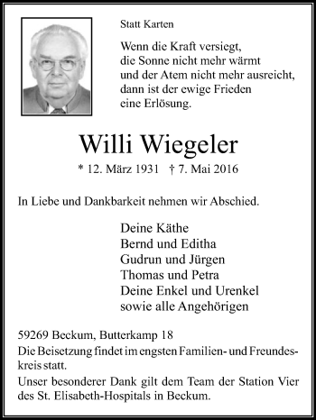 Traueranzeige von Willi Wiegeler von Die Glocke