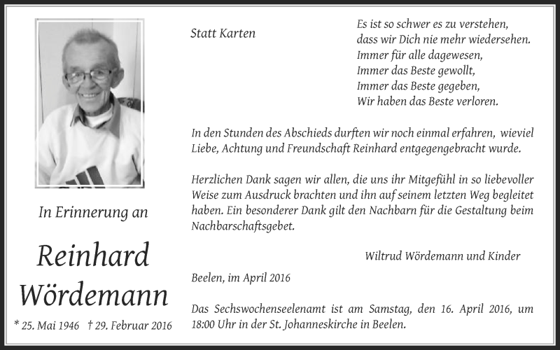  Traueranzeige für Reinhard Wördemann vom 09.04.2016 aus Die Glocke