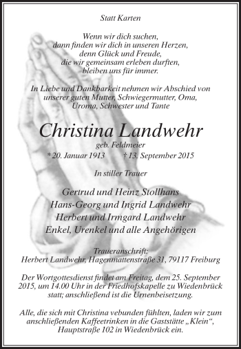Traueranzeige von Christina Landwehr von Die Glocke