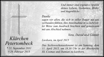 Traueranzeige von Klärchen Petertombeck von Die Glocke