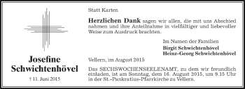 Traueranzeige von Josefine Schwichtenhövel von Die Glocke