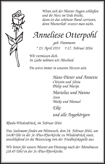 Traueranzeige von Anneliese Otterpohl von Die Glocke