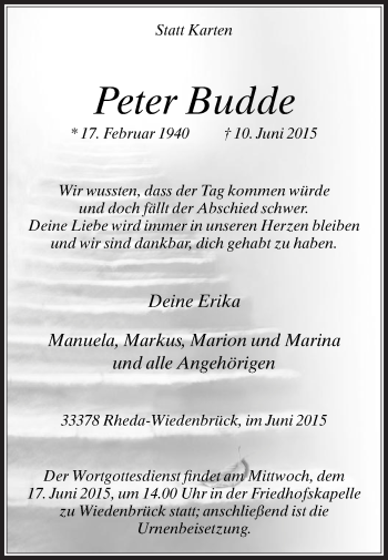 Traueranzeige von Peter Budde von Die Glocke