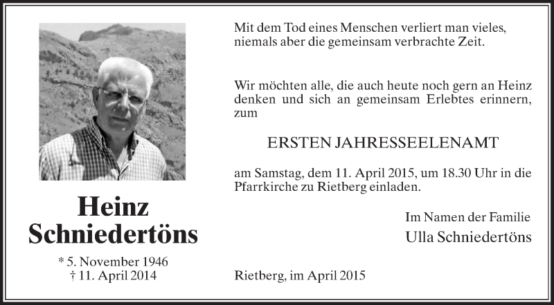  Traueranzeige für Heinz Schniedertöns vom 08.04.2015 aus Die Glocke