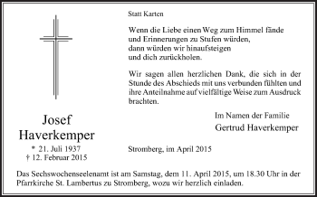 Traueranzeige von Josef Haverkemper von Die Glocke