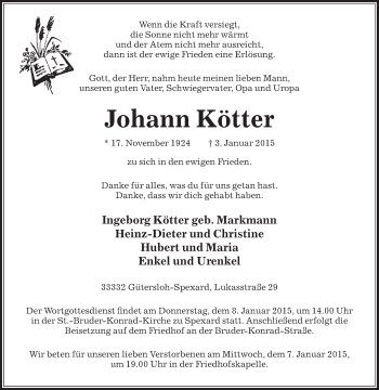 Traueranzeige von Johann Kötter von Die Glocke