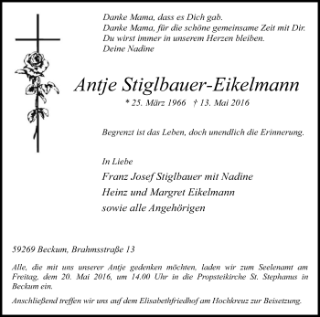 Traueranzeige von Antje Stiglbauer-Eikelmann von Die Glocke