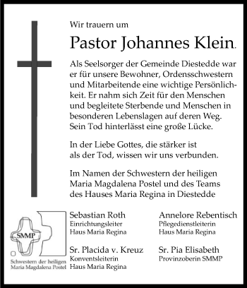 Traueranzeige von Johannes Klein von Die Glocke