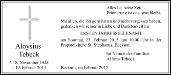 Traueranzeige von Aloysius Tebeck von Die Glocke