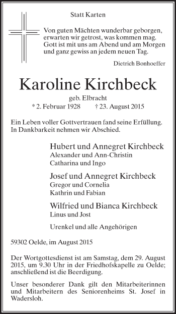 Traueranzeige von Karoline Kirchbeck von Die Glocke