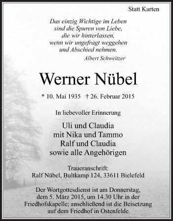Traueranzeige von Werner Nübel von Die Glocke