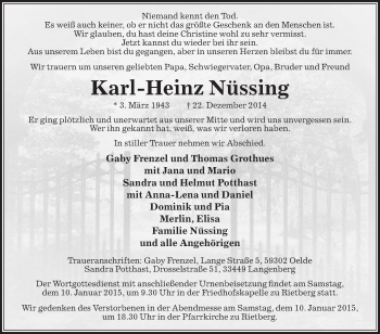 Traueranzeige von Karl-Heinz Nüssing von Die Glocke