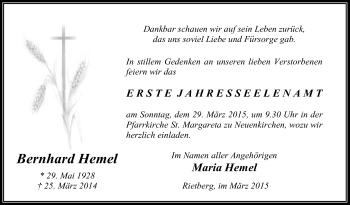 Traueranzeige von Bernhard Hemel von Die Glocke